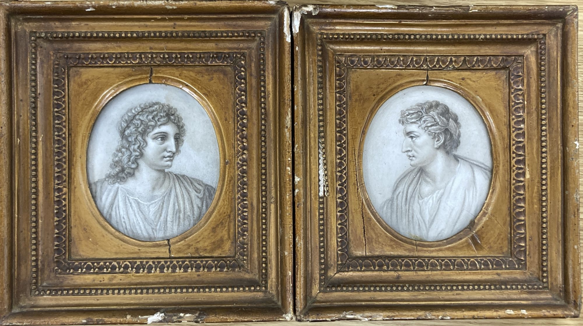 Late 18th century English School, pair of monochrome watercolours, Heads of Horace and Virgil, 11 x 9cm
